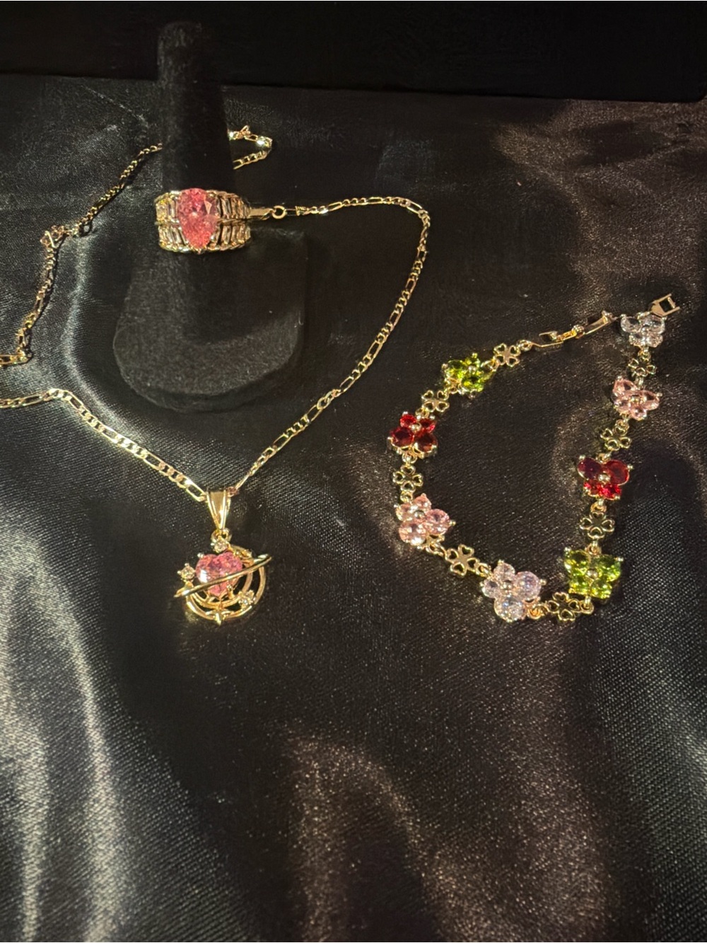 Gold Necklace with Pink Crystal Pendant and Floral Accent Bracelet